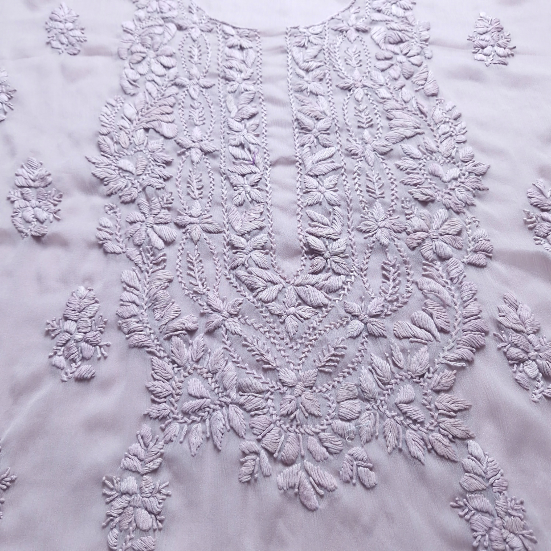 albaas | Lucknavi Chikankari on Soft Chiffon Shirt's Front and Sleeves with Dupatta Sprayed with Motifs - Unstitched 2PC Suit   | AKCLCSD-36701-THISTLE