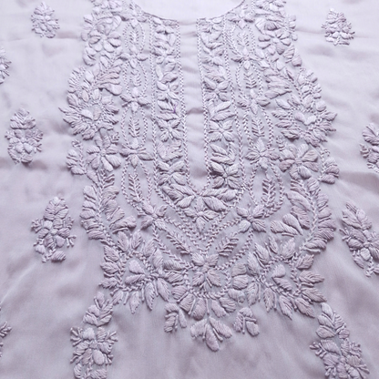 albaas | Lucknavi Chikankari on Soft Chiffon Shirt's Front and Sleeves with Dupatta Sprayed with Motifs - Unstitched 2PC Suit   | AKCLCSD-36701-THISTLE