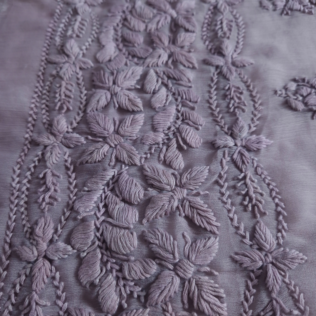 albaas | Lucknavi Chikankari on Soft Chiffon Shirt's Front and Sleeves with Dupatta Sprayed with Motifs - Unstitched 2PC Suit   | AKCLCSD-36701-THISTLE