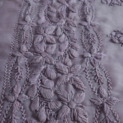 albaas | Lucknavi Chikankari on Soft Chiffon Shirt's Front and Sleeves with Dupatta Sprayed with Motifs - Unstitched 2PC Suit   | AKCLCSD-36701-THISTLE