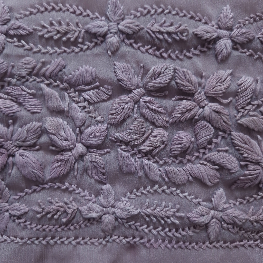 albaas | Lucknavi Chikankari on Soft Chiffon Shirt's Front and Sleeves with Dupatta Sprayed with Motifs - Unstitched 2PC Suit   | AKCLCSD-36701-THISTLE