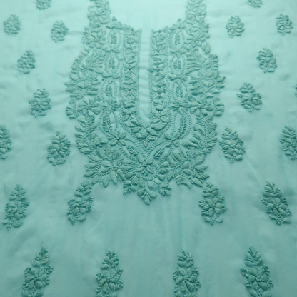 albaas | Lucknavi Chikankari on Soft Chiffon Shirt's Front and Sleeves with Dupatta Sprayed with Motifs - Unstitched 2PC Suit   | AKCLCSD-36701-TURQUOISE
