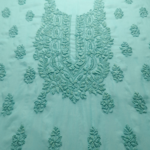 albaas | Lucknavi Chikankari on Soft Chiffon Shirt's Front and Sleeves with Dupatta Sprayed with Motifs - Unstitched 2PC Suit   | AKCLCSD-36701-TURQUOISE