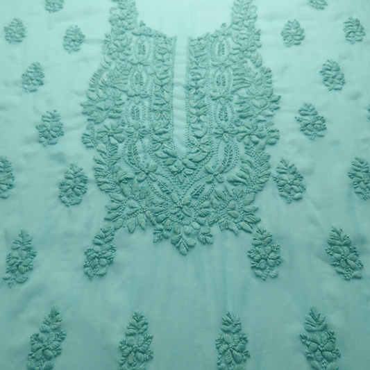 albaas | Lucknavi Chikankari on Soft Chiffon Shirt's Front and Sleeves with Dupatta Sprayed with Motifs - Unstitched 2PC Suit   | AKCLCSD-36701-TURQUOISE