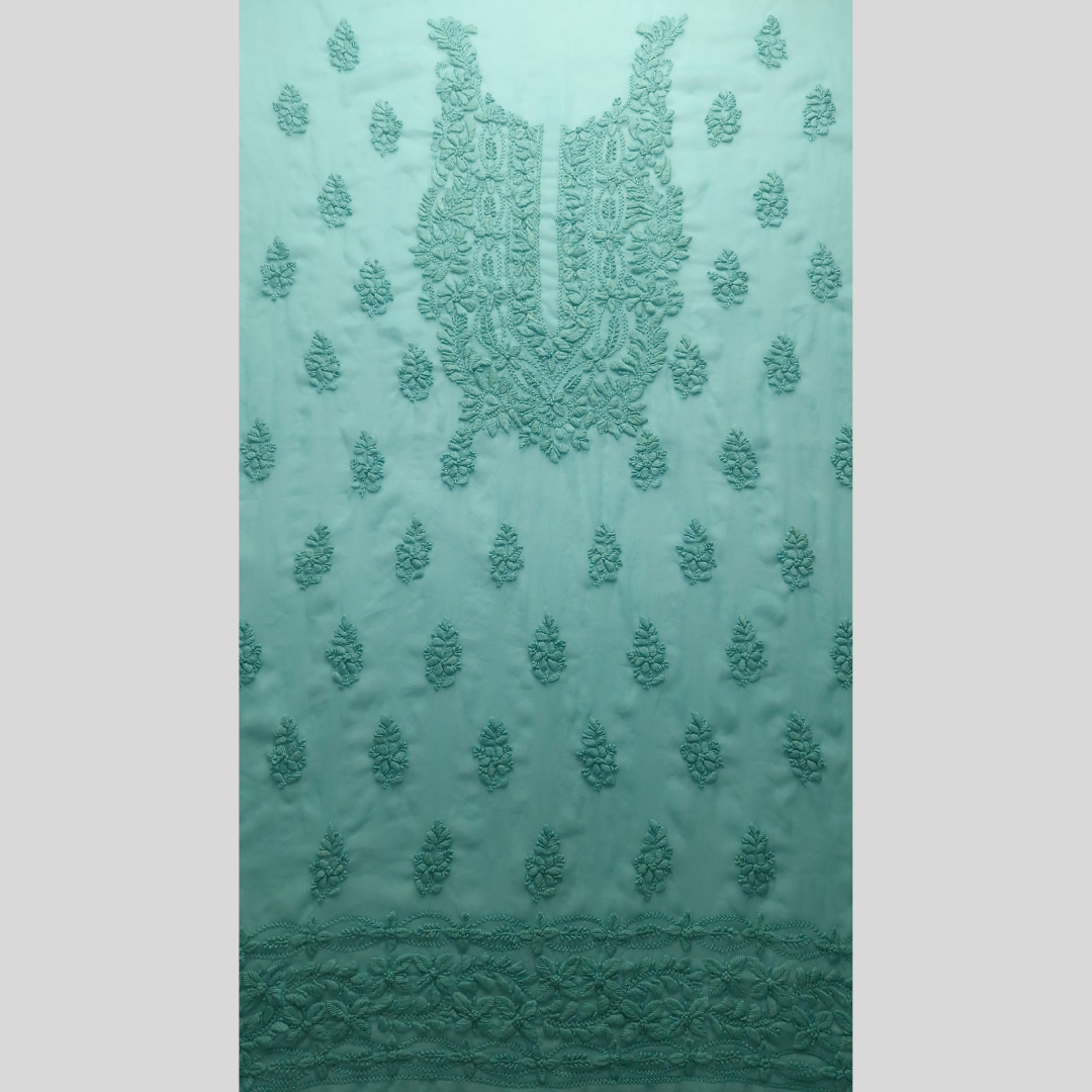 albaas | Lucknavi Chikankari on Soft Chiffon Shirt's Front and Sleeves with Dupatta Sprayed with Motifs - Unstitched 2PC Suit   | AKCLCSD-36701-TURQUOISE