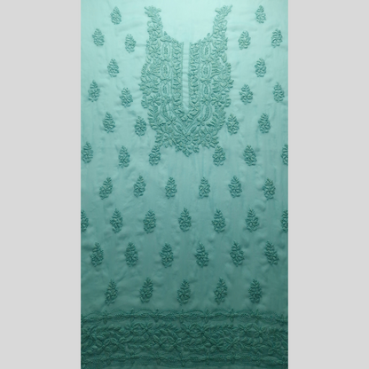 albaas | Lucknavi Chikankari on Soft Chiffon Shirt's Front and Sleeves with Dupatta Sprayed with Motifs - Unstitched 2PC Suit   | AKCLCSD-36701-TURQUOISE