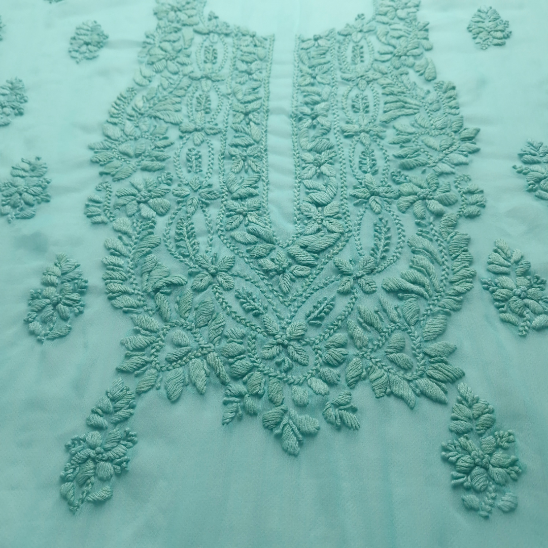 albaas | Lucknavi Chikankari on Soft Chiffon Shirt's Front and Sleeves with Dupatta Sprayed with Motifs - Unstitched 2PC Suit   | AKCLCSD-36701-TURQUOISE