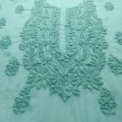 albaas | Lucknavi Chikankari on Soft Chiffon Shirt's Front and Sleeves with Dupatta Sprayed with Motifs - Unstitched 2PC Suit   | AKCLCSD-36701-TURQUOISE