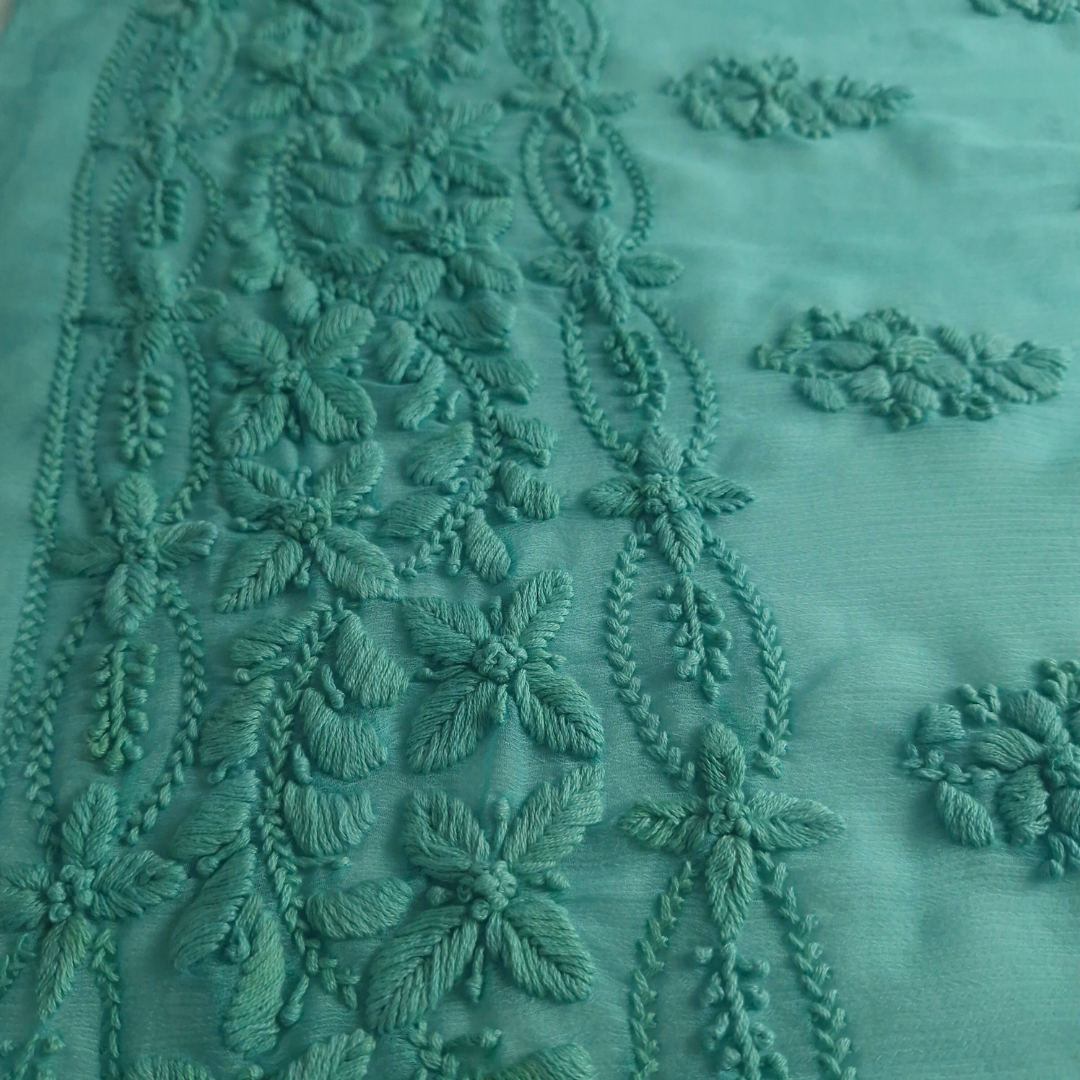 albaas | Lucknavi Chikankari on Soft Chiffon Shirt's Front and Sleeves with Dupatta Sprayed with Motifs - Unstitched 2PC Suit   | AKCLCSD-36701-TURQUOISE