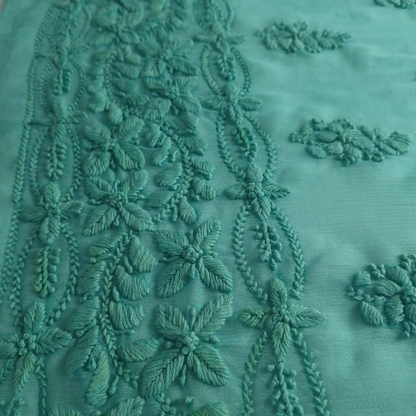 albaas | Lucknavi Chikankari on Soft Chiffon Shirt's Front and Sleeves with Dupatta Sprayed with Motifs - Unstitched 2PC Suit   | AKCLCSD-36701-TURQUOISE