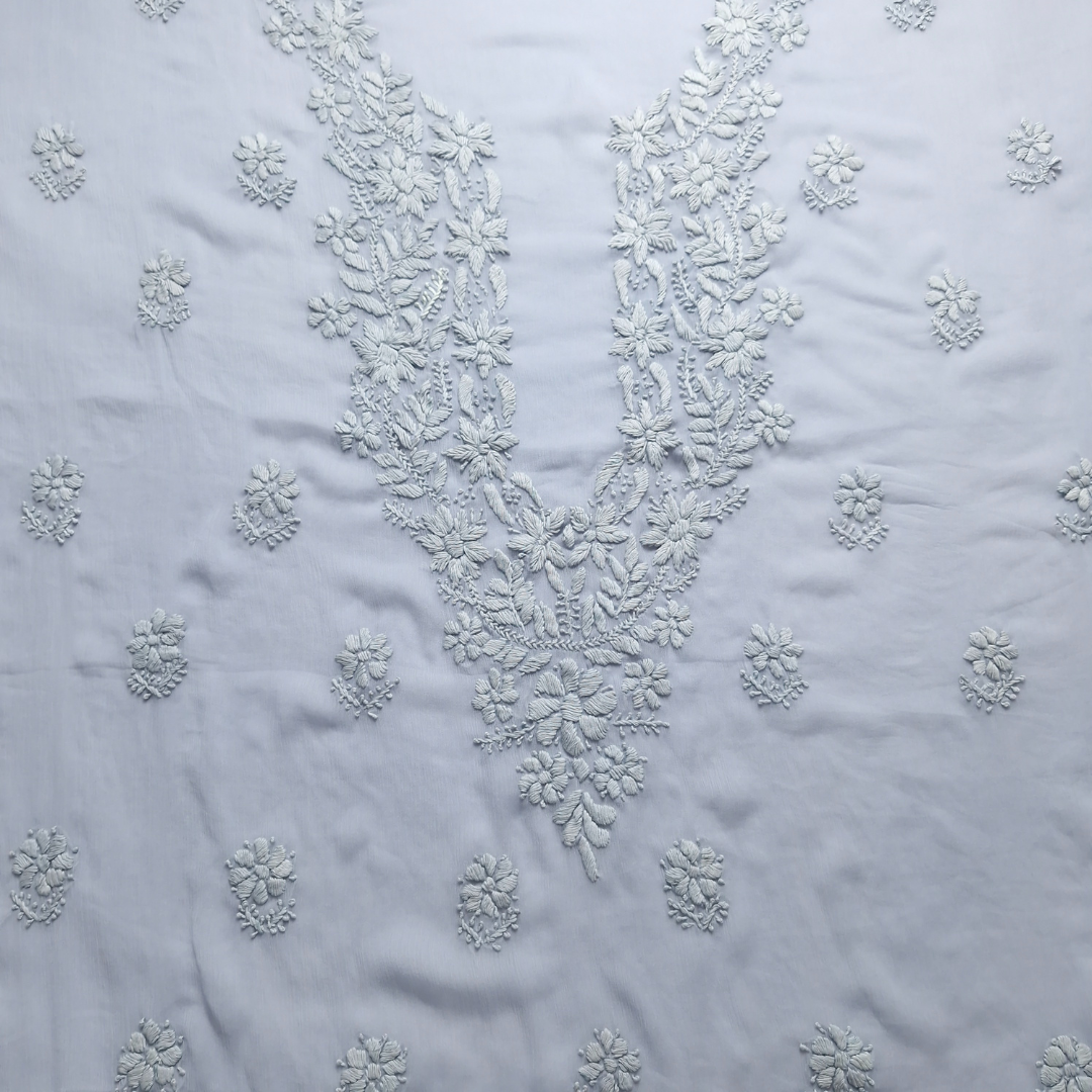 albaas | Lucknavi Chikankari on Soft Chiffon Shirt's Front and Sleeves with Dupatta Sprayed with Motifs - Unstitched 2PC Suit   | AKCLCSD-36703-GRAY