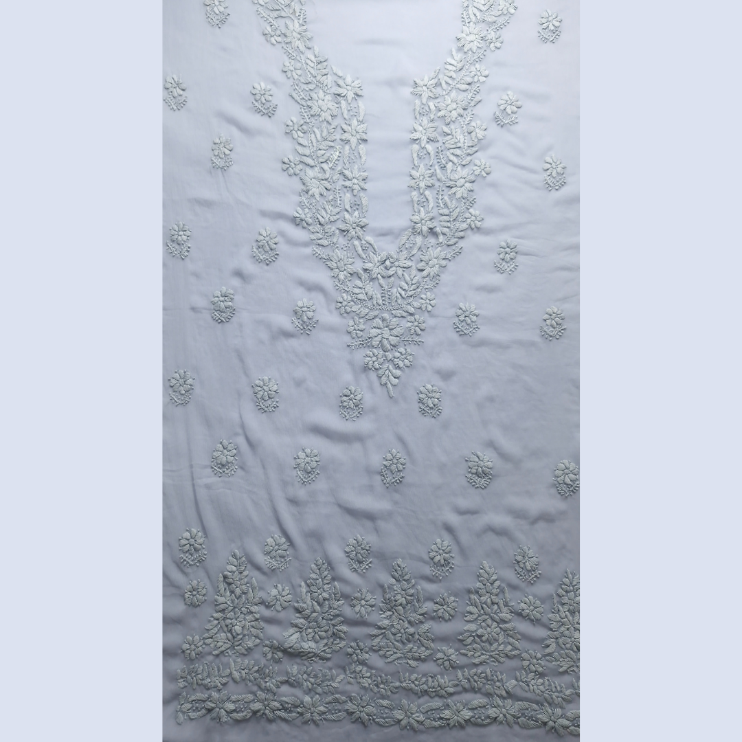 albaas | Lucknavi Chikankari on Soft Chiffon Shirt's Front and Sleeves with Dupatta Sprayed with Motifs - Unstitched 2PC Suit   | AKCLCSD-36703-GRAY
