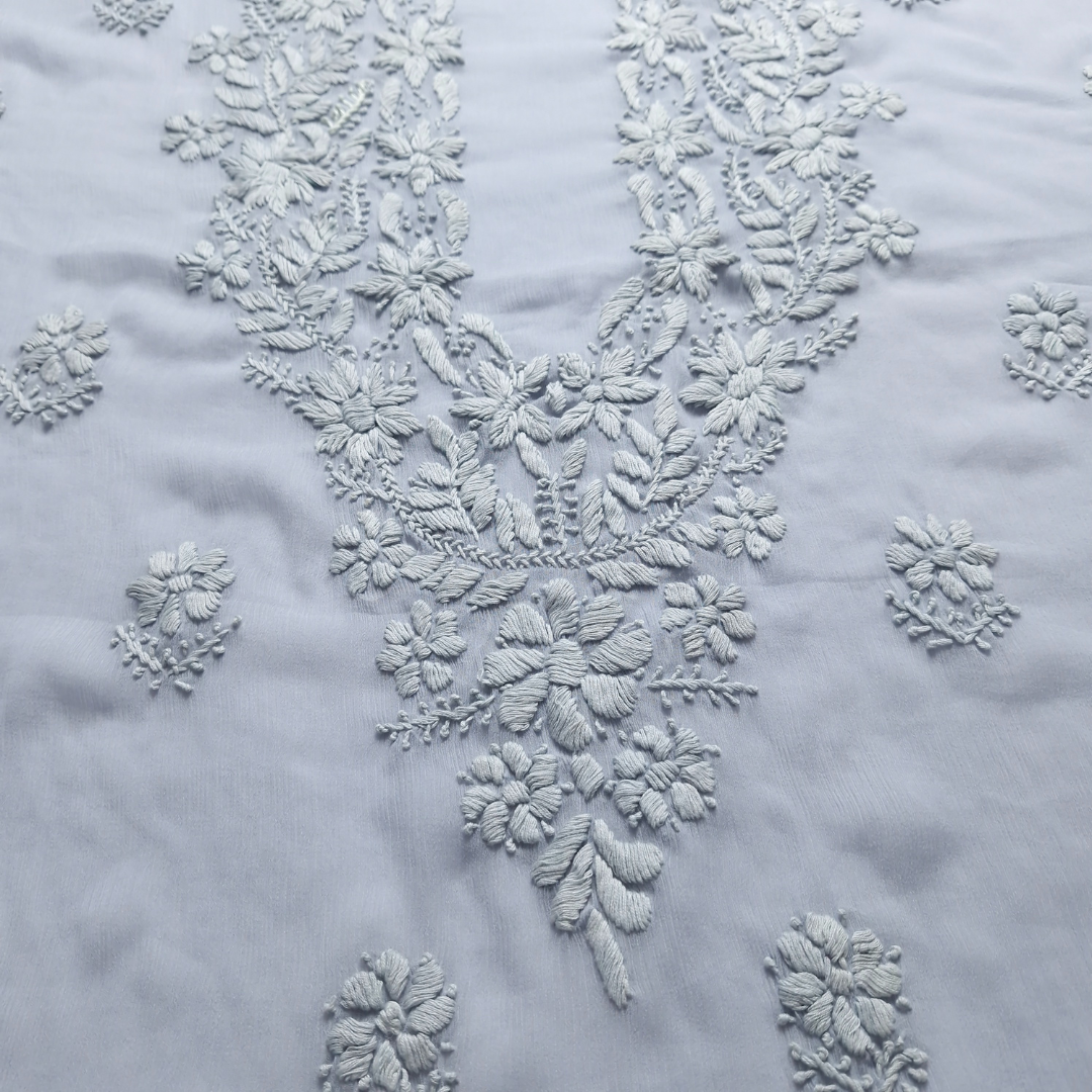 albaas | Lucknavi Chikankari on Soft Chiffon Shirt's Front and Sleeves with Dupatta Sprayed with Motifs - Unstitched 2PC Suit   | AKCLCSD-36703-GRAY