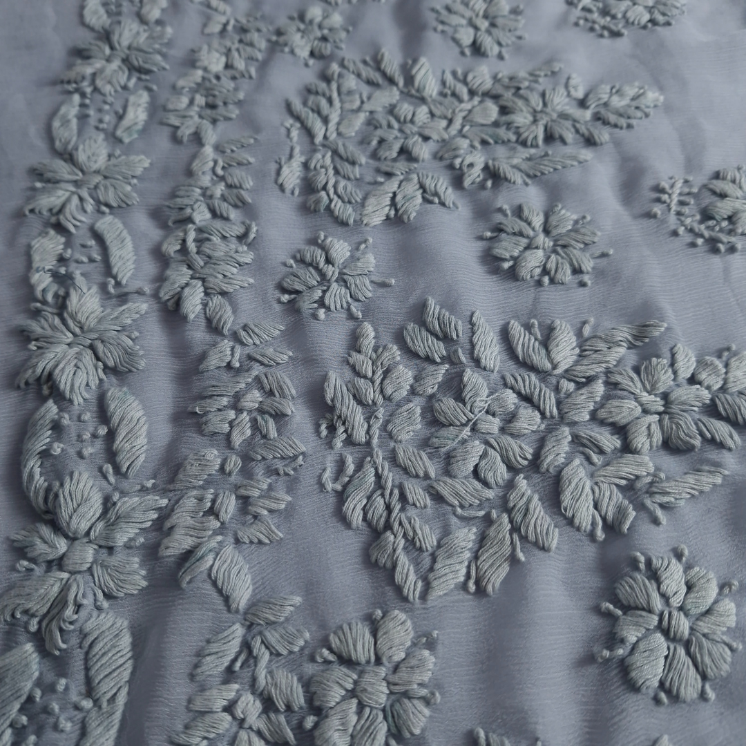 albaas | Lucknavi Chikankari on Soft Chiffon Shirt's Front and Sleeves with Dupatta Sprayed with Motifs - Unstitched 2PC Suit   | AKCLCSD-36703-GRAY