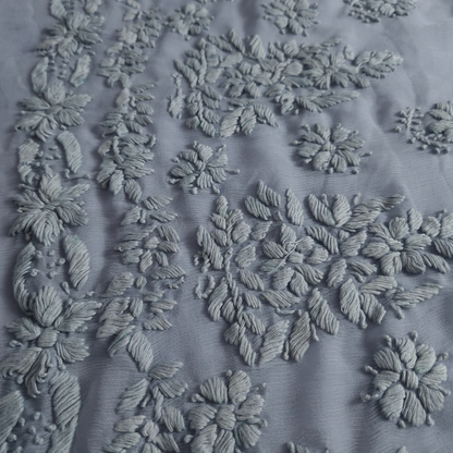 albaas | Lucknavi Chikankari on Soft Chiffon Shirt's Front and Sleeves with Dupatta Sprayed with Motifs - Unstitched 2PC Suit   | AKCLCSD-36703-GRAY
