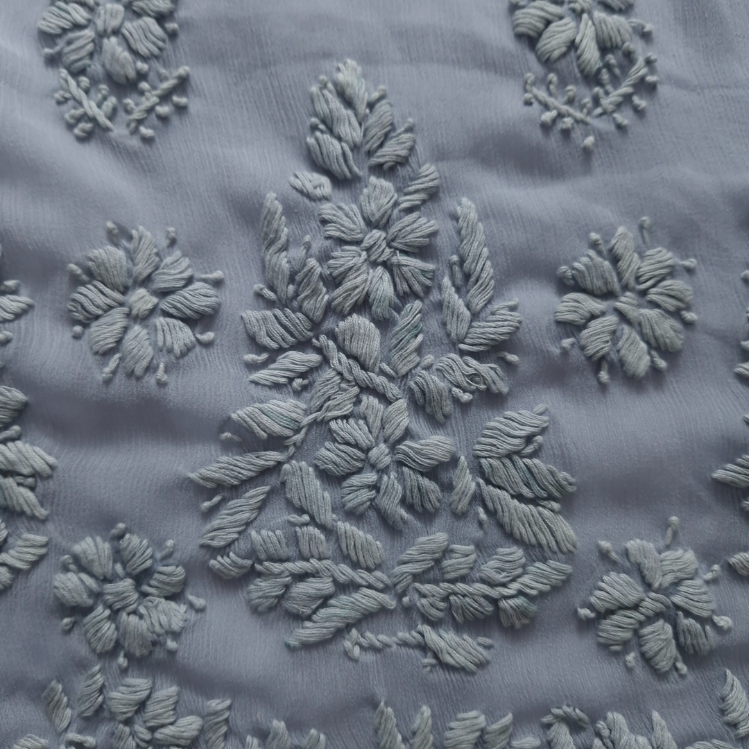 albaas | Lucknavi Chikankari on Soft Chiffon Shirt's Front and Sleeves with Dupatta Sprayed with Motifs - Unstitched 2PC Suit   | AKCLCSD-36703-GRAY