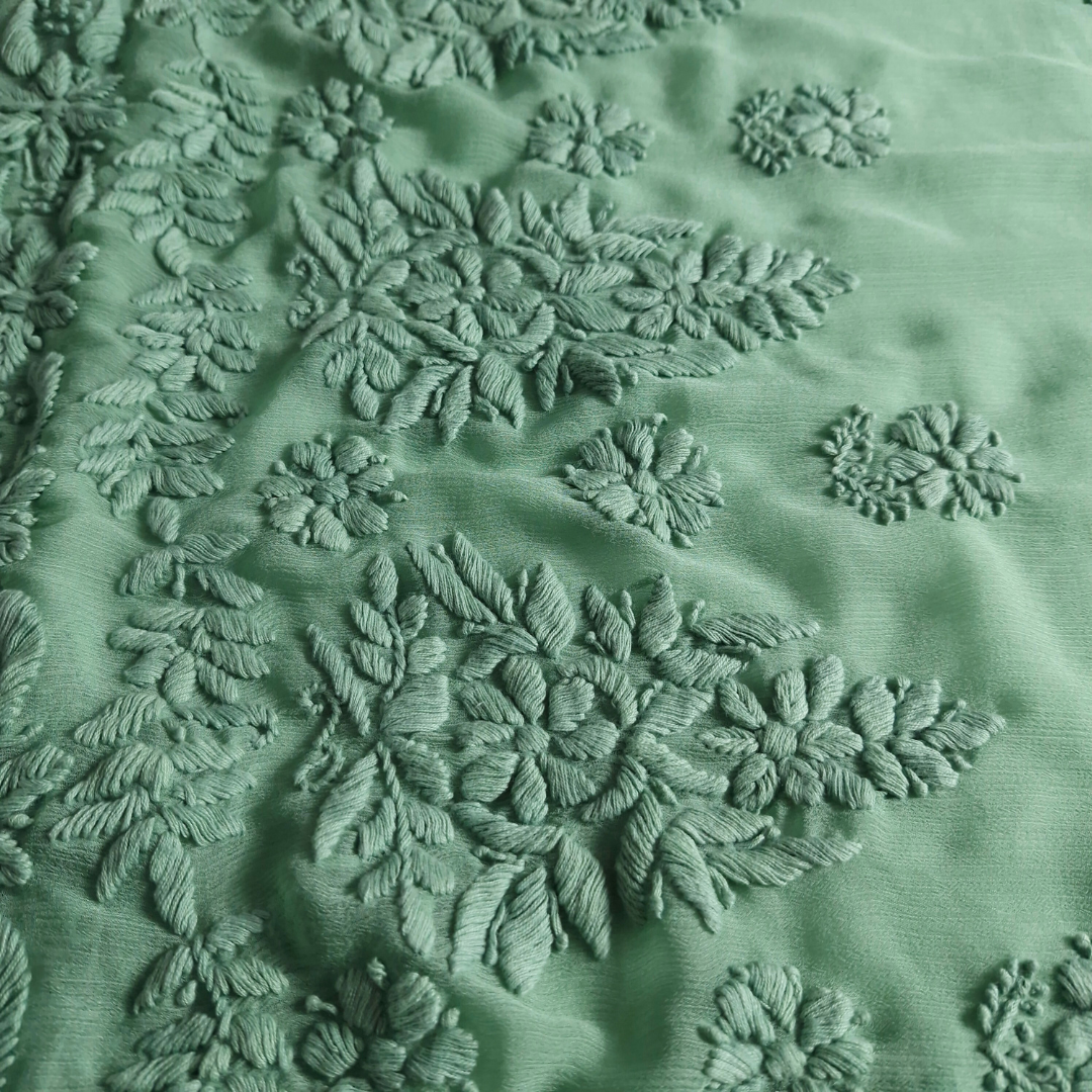 albaas | Lucknavi Chikankari on Soft Chiffon Shirt's Front and Sleeves with Dupatta Sprayed with Motifs - Unstitched 2PC Suit   | AKCLCSD-36703-LIGHT OXLEY