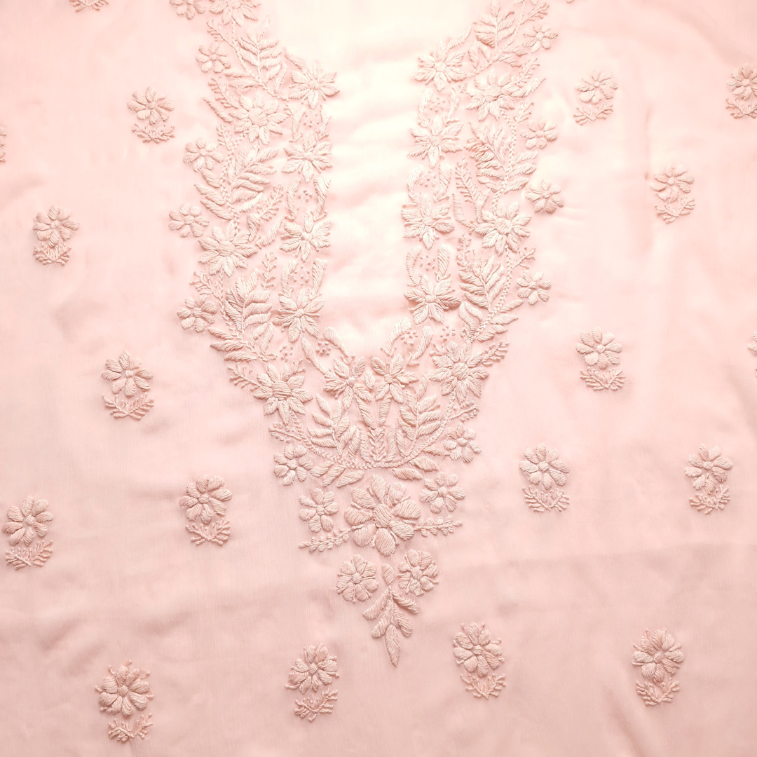 albaas | Lucknavi Chikankari on Soft Chiffon Shirt's Front and Sleeves with Dupatta Sprayed with Motifs - Unstitched 2PC Suit   | AKCLCSD-36703-PINKISH PEACH