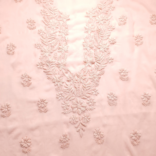 albaas | Lucknavi Chikankari on Soft Chiffon Shirt's Front and Sleeves with Dupatta Sprayed with Motifs - Unstitched 2PC Suit   | AKCLCSD-36703-PINKISH PEACH