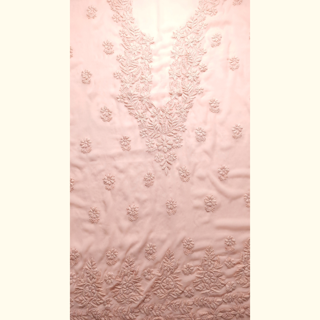 albaas | Lucknavi Chikankari on Soft Chiffon Shirt's Front and Sleeves with Dupatta Sprayed with Motifs - Unstitched 2PC Suit   | AKCLCSD-36703-PINKISH PEACH