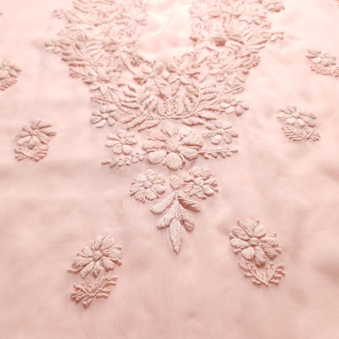 albaas | Lucknavi Chikankari on Soft Chiffon Shirt's Front and Sleeves with Dupatta Sprayed with Motifs - Unstitched 2PC Suit   | AKCLCSD-36703-PINKISH PEACH