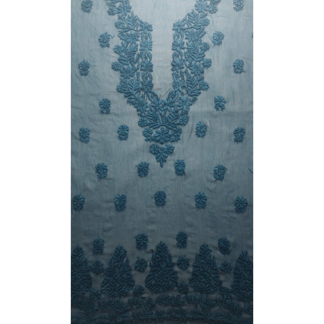 albaas | Lucknavi Chikankari on Soft Chiffon Shirt's Front and Sleeves with Dupatta Sprayed with Motifs - Unstitched 2PC Suit   | AKCLCSD-36703-TEAL