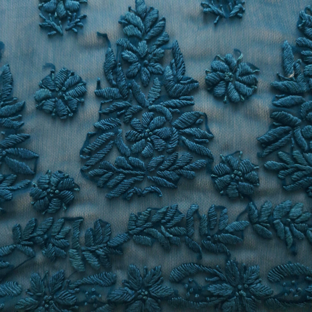 albaas | Lucknavi Chikankari on Soft Chiffon Shirt's Front and Sleeves with Dupatta Sprayed with Motifs - Unstitched 2PC Suit   | AKCLCSD-36703-TEAL