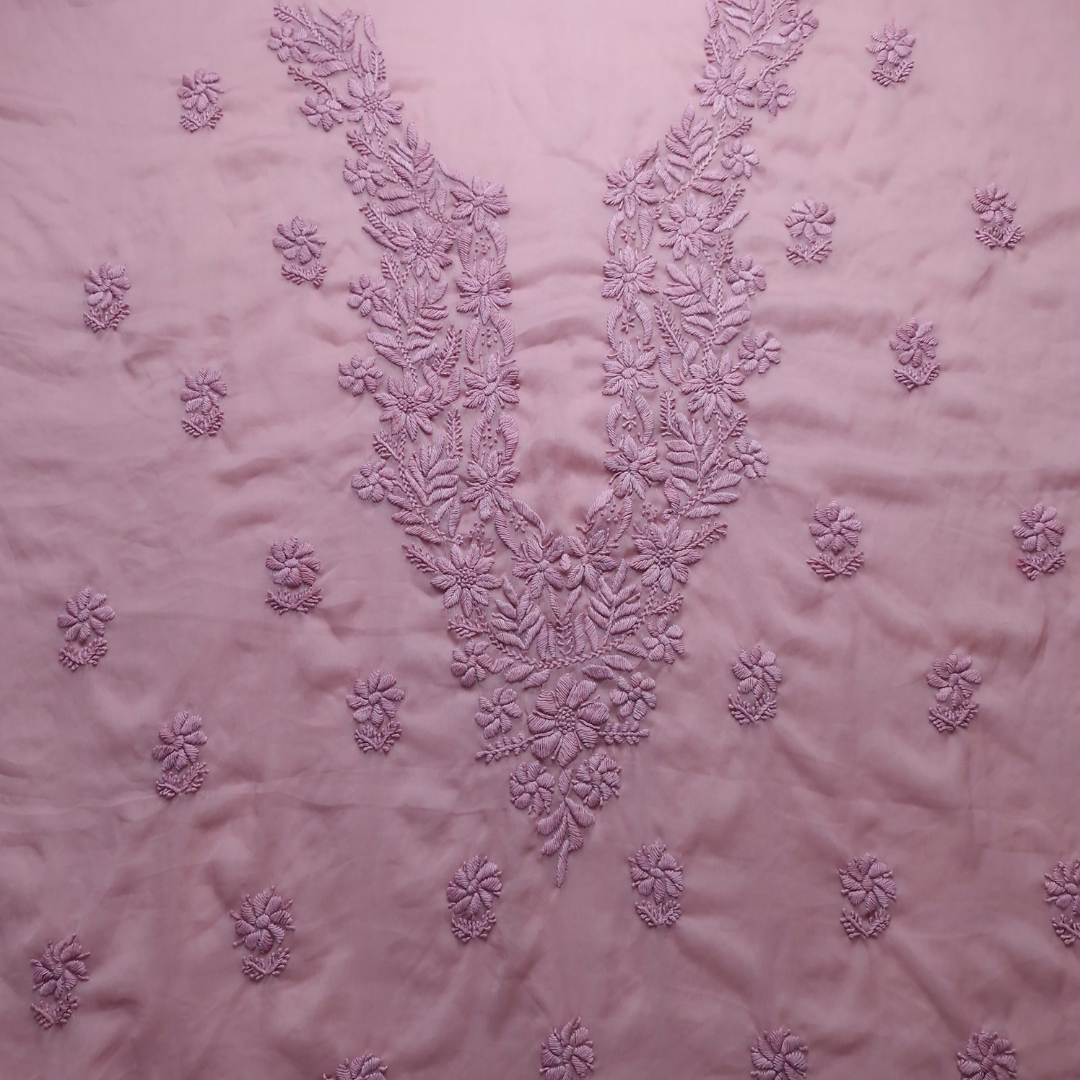 albaas | Lucknavi Chikankari on Soft Chiffon Shirt's Front and Sleeves with Dupatta Sprayed with Motifs - Unstitched 2PC Suit   | AKCLCSD-36703-TEA ROSE