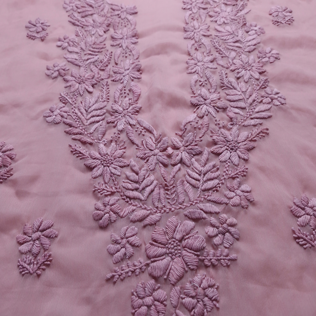 albaas | Lucknavi Chikankari on Soft Chiffon Shirt's Front and Sleeves with Dupatta Sprayed with Motifs - Unstitched 2PC Suit   | AKCLCSD-36703-TEA ROSE
