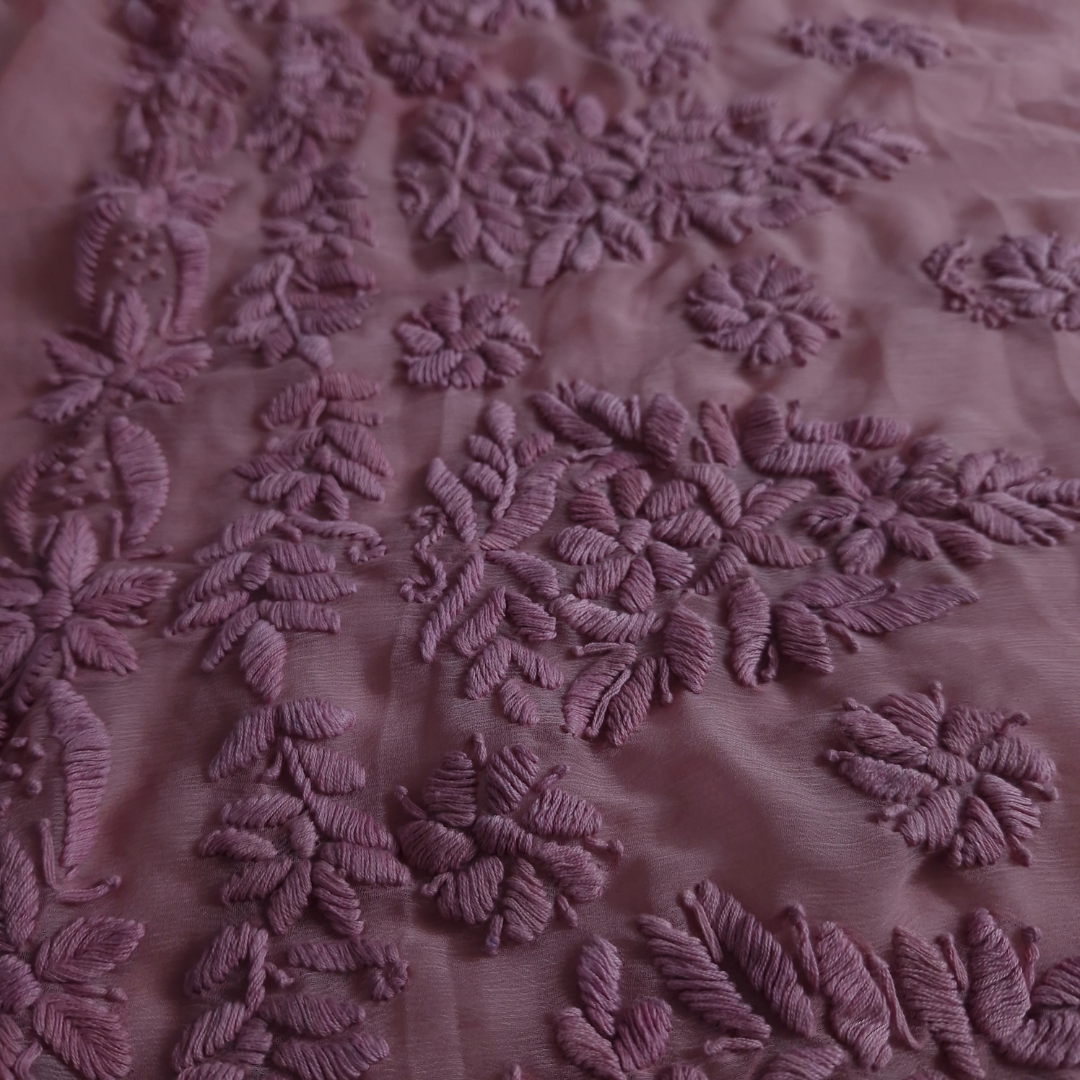 albaas | Lucknavi Chikankari on Soft Chiffon Shirt's Front and Sleeves with Dupatta Sprayed with Motifs - Unstitched 2PC Suit   | AKCLCSD-36703-TEA ROSE