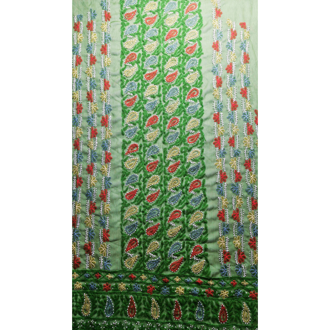 albaas | Shadow Chikankari on Soft Chiffon Shirt's Front and Sleeves with Dupatta Sprayed with Motifs - Unstitched 2PC Suit   | AKCSSD-36550-AVOCADO