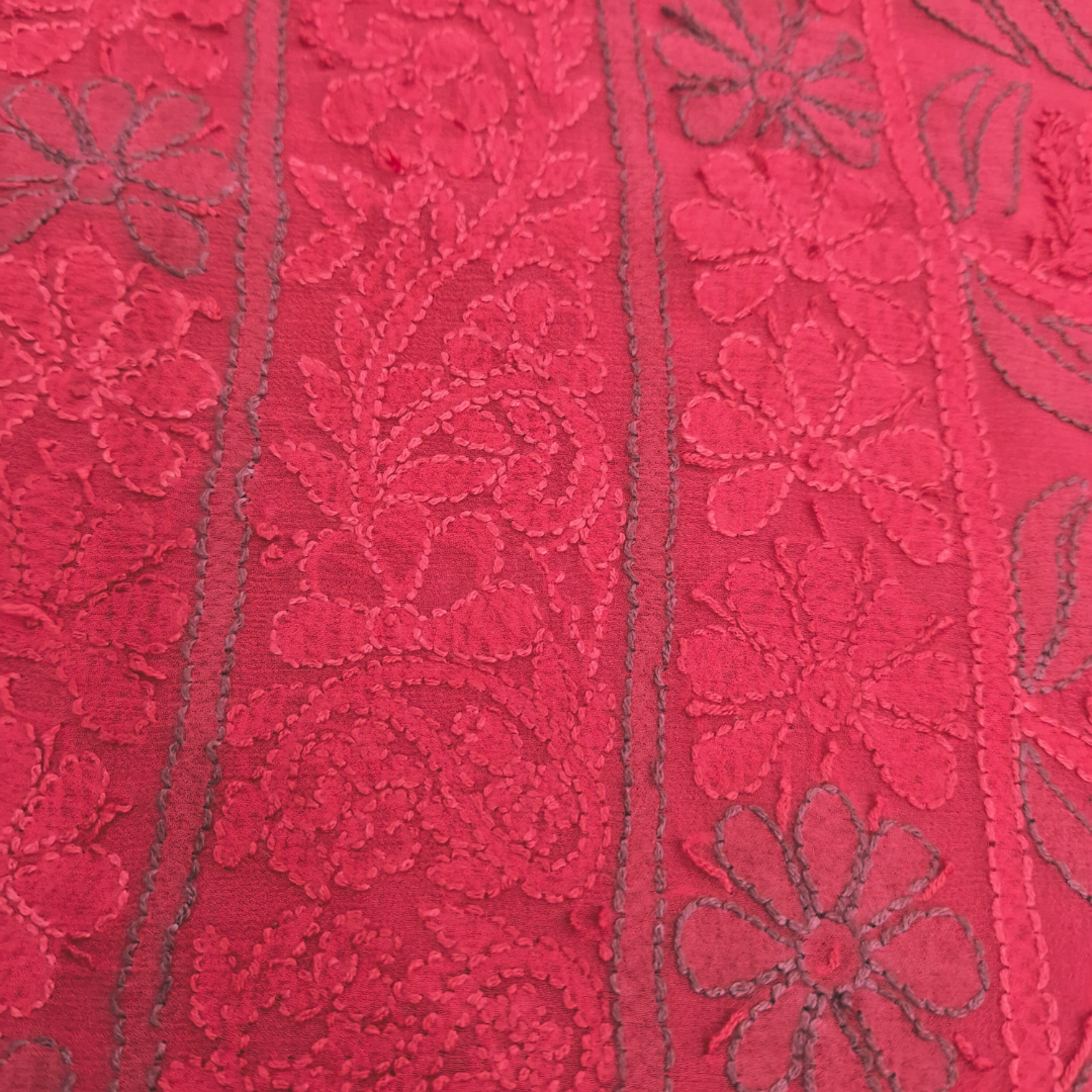 albaas | Shadow Chikankari on Soft Chiffon Shirt's Front and Sleeves with Dupatta Sprayed with Motifs - Unstitched 2PC Suit   | AKCSSD-36550-B-RED
