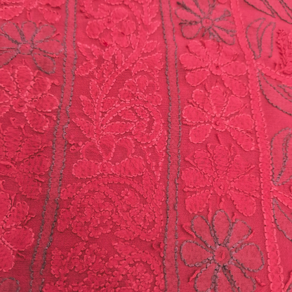 albaas | Shadow Chikankari on Soft Chiffon Shirt's Front and Sleeves with Dupatta Sprayed with Motifs - Unstitched 2PC Suit   | AKCSSD-36550-B-RED
