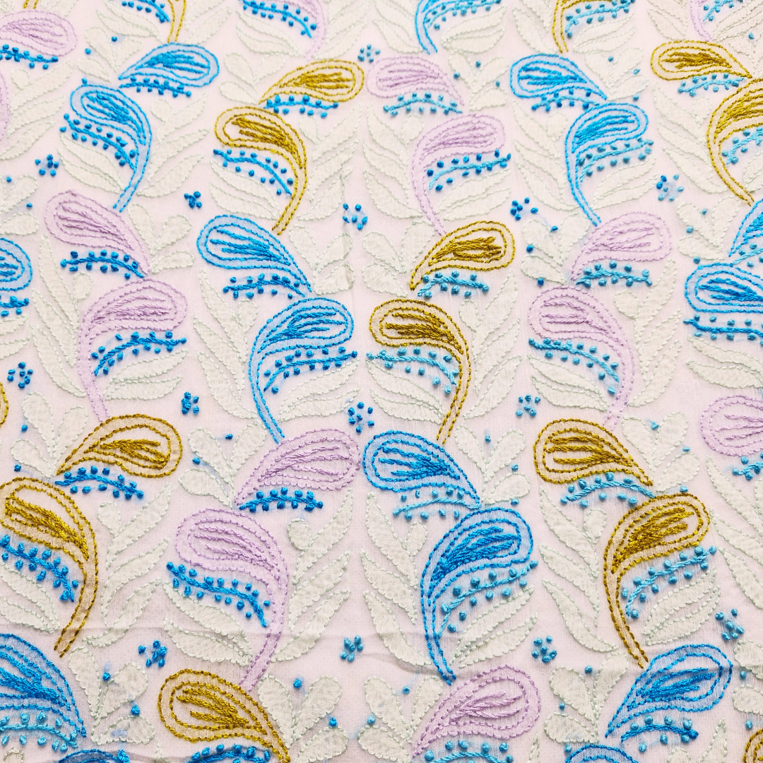 albaas | Shadow Chikankari on Soft Chiffon Shirt's Front and Sleeves with Dupatta Sprayed with Motifs - Unstitched 2PC Suit   | AKCSSD-36550-B-TURQUOISE-O-WHITE