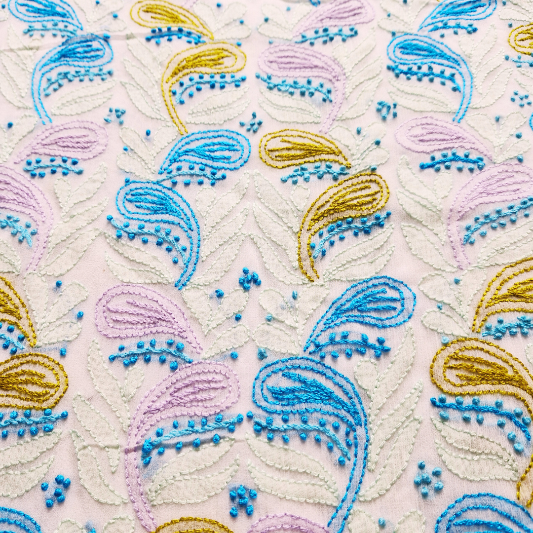 albaas | Shadow Chikankari on Soft Chiffon Shirt's Front and Sleeves with Dupatta Sprayed with Motifs - Unstitched 2PC Suit   | AKCSSD-36550-B-TURQUOISE-O-WHITE