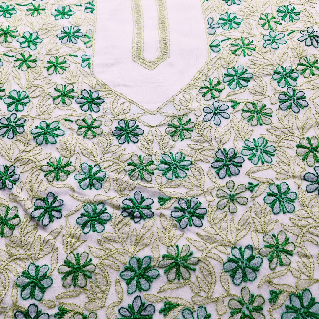 albaas | Shadow Chikankari on Soft Chiffon Shirt's Front and Sleeves with Dupatta Sprayed with Motifs - Unstitched 2PC Suit   | AKCSSD-36550-D-GREENISH