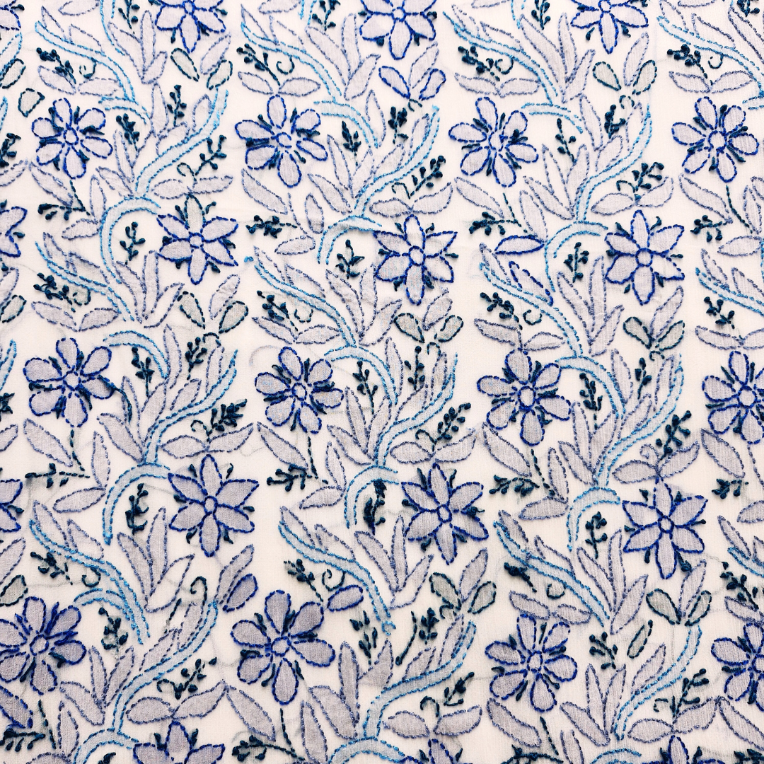 albaas | Shadow Chikankari on Soft Chiffon Shirt's Front and Sleeves with Dupatta Sprayed with Motifs - Unstitched 2PC Suit   | AKCSSD-36550-E-BLUE-O-WHITE