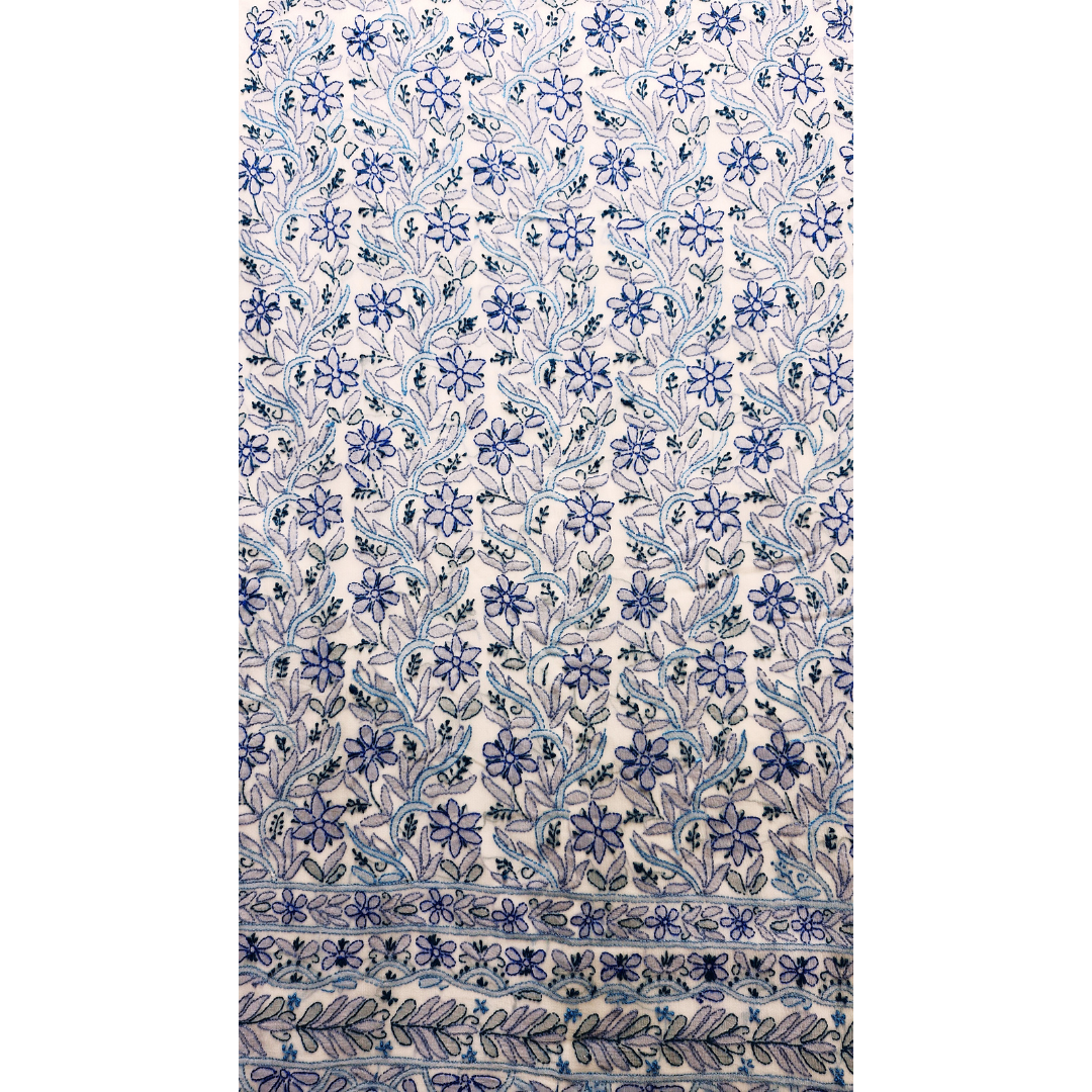 albaas | Shadow Chikankari on Soft Chiffon Shirt's Front and Sleeves with Dupatta Sprayed with Motifs - Unstitched 2PC Suit   | AKCSSD-36550-E-BLUE-O-WHITE