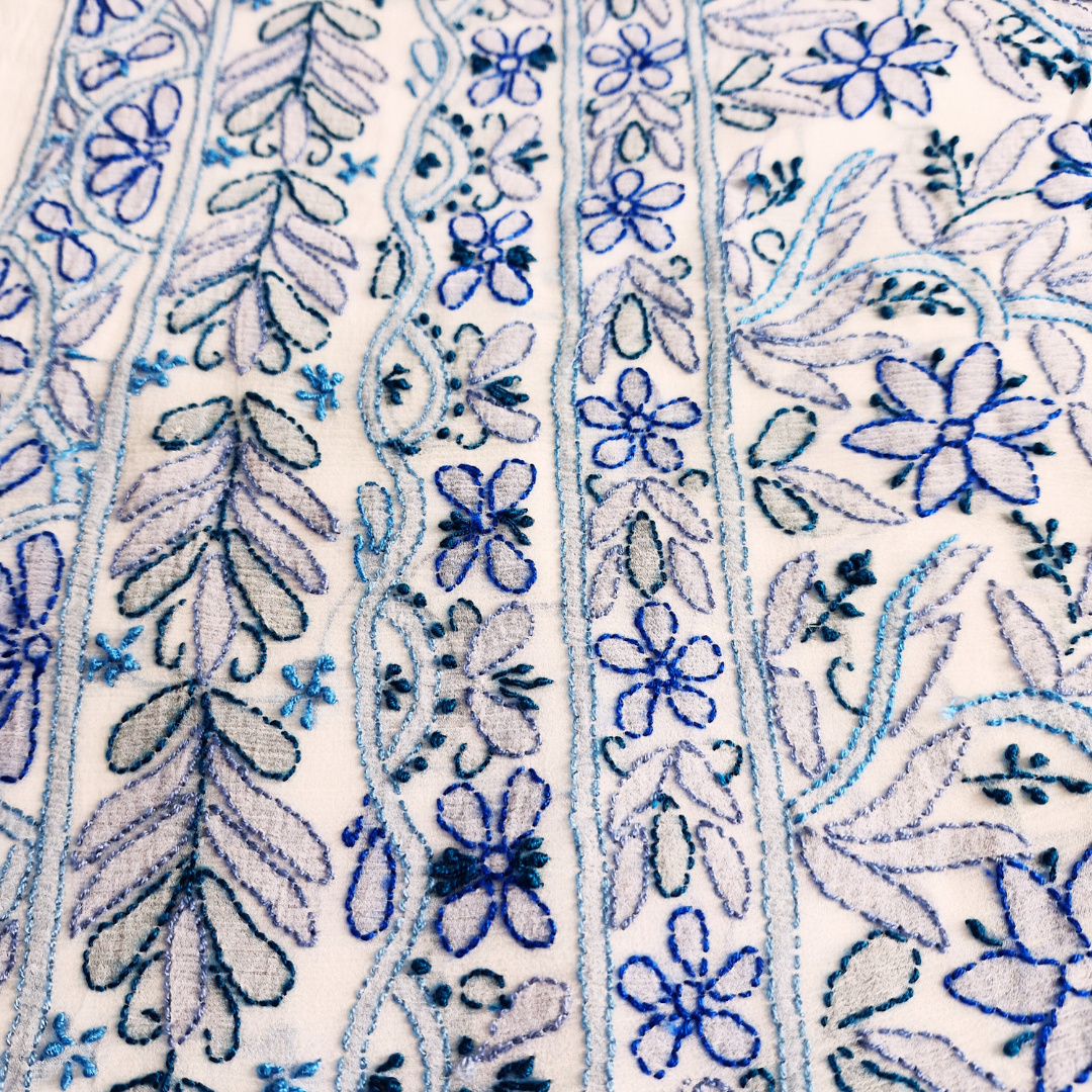 albaas | Shadow Chikankari on Soft Chiffon Shirt's Front and Sleeves with Dupatta Sprayed with Motifs - Unstitched 2PC Suit   | AKCSSD-36550-E-BLUE-O-WHITE