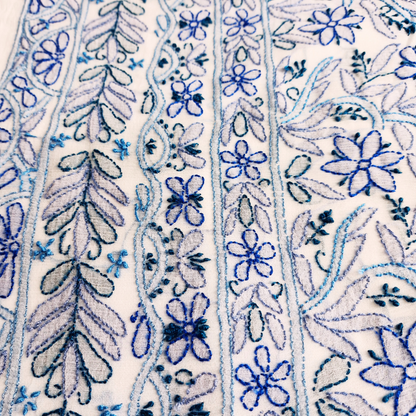 albaas | Shadow Chikankari on Soft Chiffon Shirt's Front and Sleeves with Dupatta Sprayed with Motifs - Unstitched 2PC Suit   | AKCSSD-36550-E-BLUE-O-WHITE