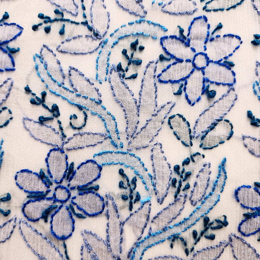 albaas | Shadow Chikankari on Soft Chiffon Shirt's Front and Sleeves with Dupatta Sprayed with Motifs - Unstitched 2PC Suit   | AKCSSD-36550-E-BLUE-O-WHITE