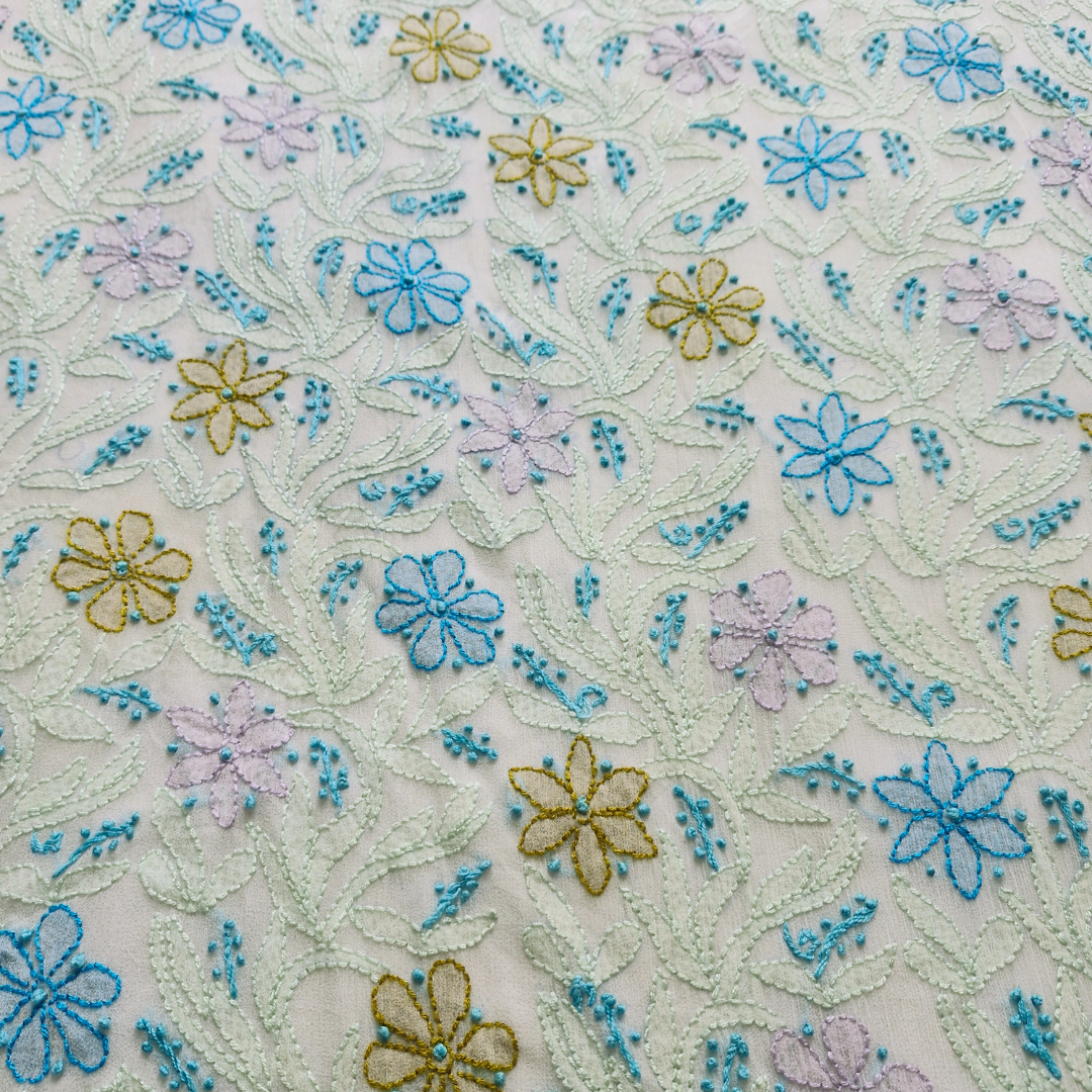 albaas | Shadow Chikankari on Soft Chiffon Shirt's Front and Sleeves with Dupatta Sprayed with Motifs - Unstitched 2PC Suit   | AKCSSD-36550-E-GREEN-O-WHITE