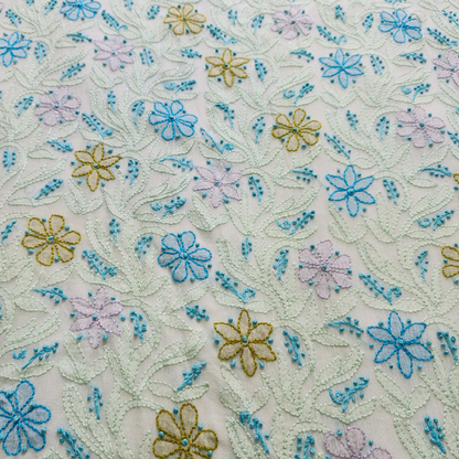 albaas | Shadow Chikankari on Soft Chiffon Shirt's Front and Sleeves with Dupatta Sprayed with Motifs - Unstitched 2PC Suit   | AKCSSD-36550-E-GREEN-O-WHITE