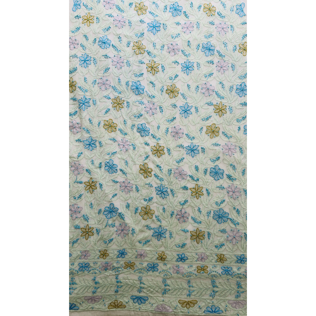 albaas | Shadow Chikankari on Soft Chiffon Shirt's Front and Sleeves with Dupatta Sprayed with Motifs - Unstitched 2PC Suit   | AKCSSD-36550-E-GREEN-O-WHITE