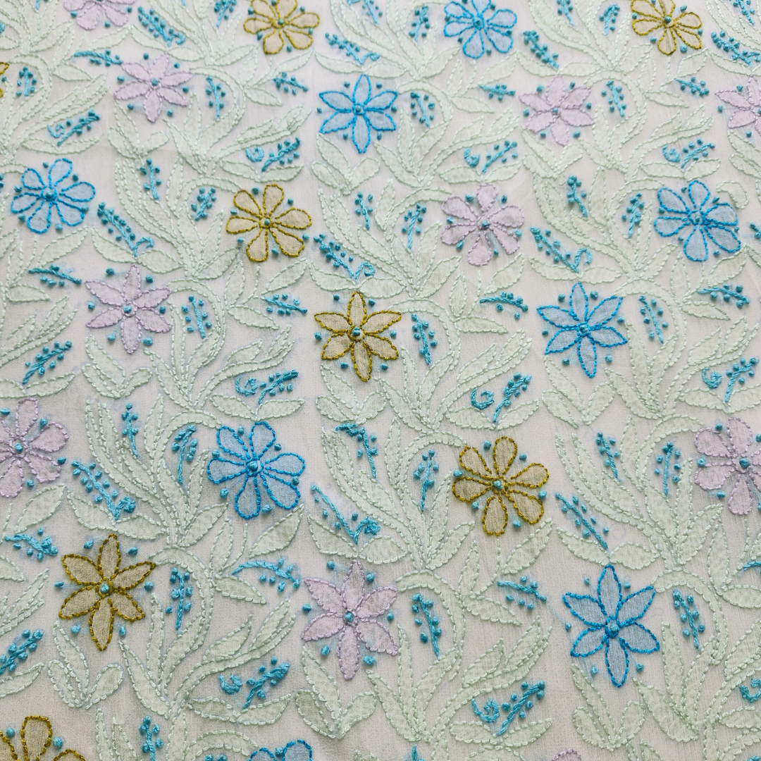 albaas | Shadow Chikankari on Soft Chiffon Shirt's Front and Sleeves with Dupatta Sprayed with Motifs - Unstitched 2PC Suit   | AKCSSD-36550-E-GREEN-O-WHITE