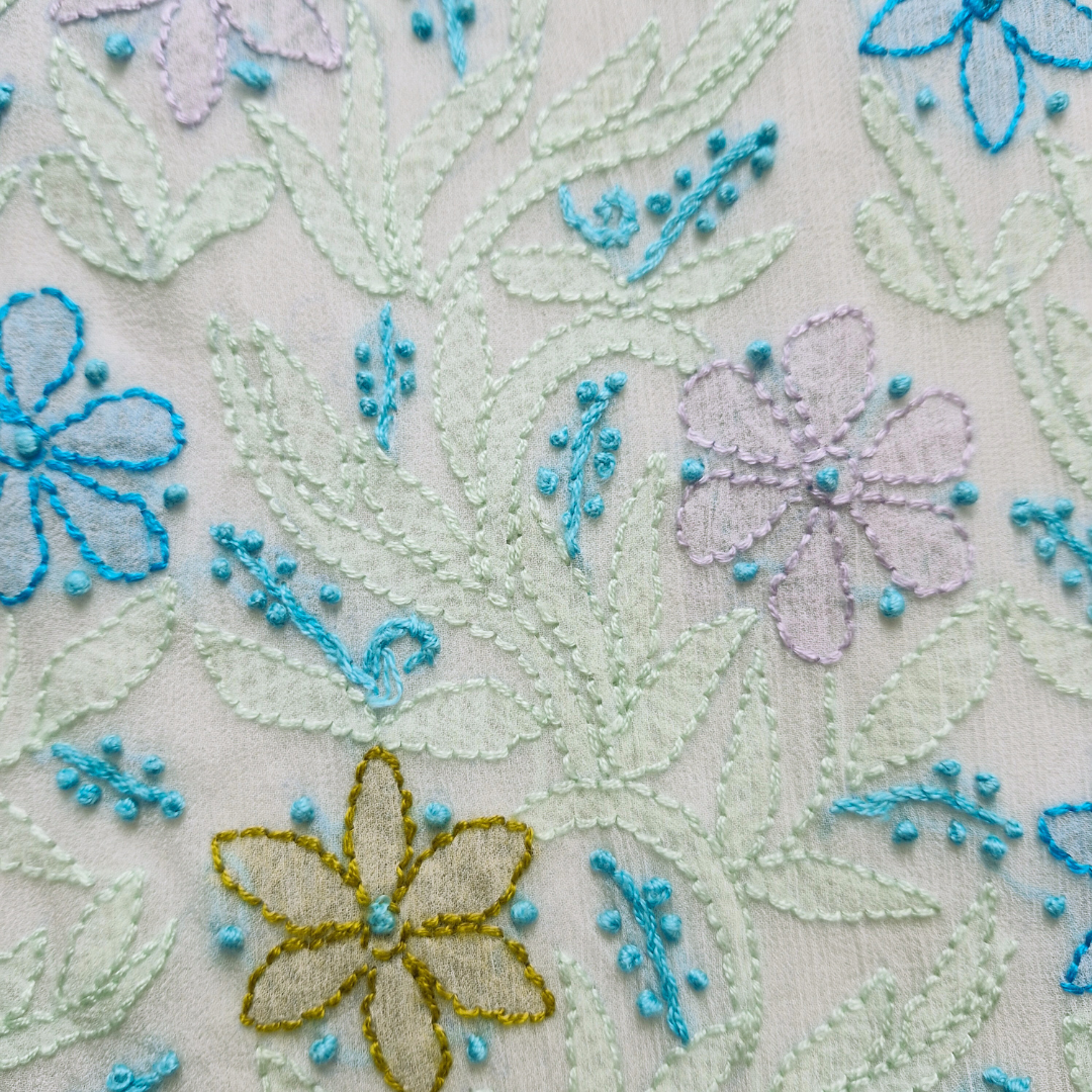 albaas | Shadow Chikankari on Soft Chiffon Shirt's Front and Sleeves with Dupatta Sprayed with Motifs - Unstitched 2PC Suit   | AKCSSD-36550-E-GREEN-O-WHITE