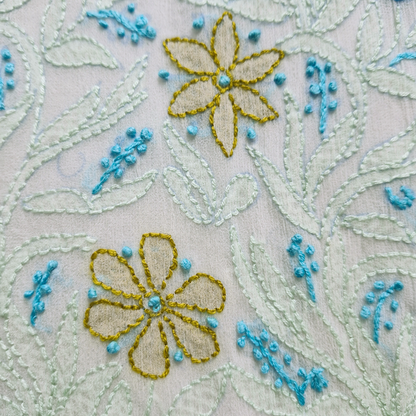 albaas | Shadow Chikankari on Soft Chiffon Shirt's Front and Sleeves with Dupatta Sprayed with Motifs - Unstitched 2PC Suit   | AKCSSD-36550-E-GREEN-O-WHITE