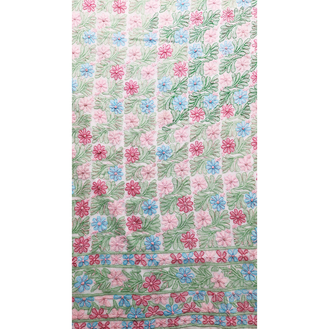 albaas | Shadow Chikankari on Soft Chiffon Shirt's Front and Sleeves with Dupatta Sprayed with Motifs - Unstitched 2PC Suit   | AKCSSD-36550-F-GREENISH