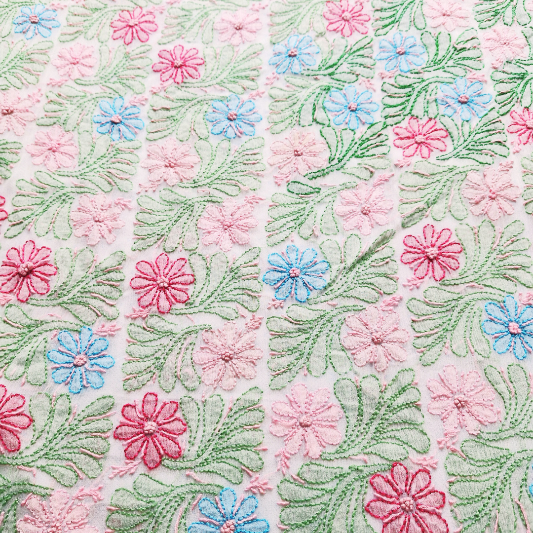 albaas | Shadow Chikankari on Soft Chiffon Shirt's Front and Sleeves with Dupatta Sprayed with Motifs - Unstitched 2PC Suit   | AKCSSD-36550-F-GREENISH