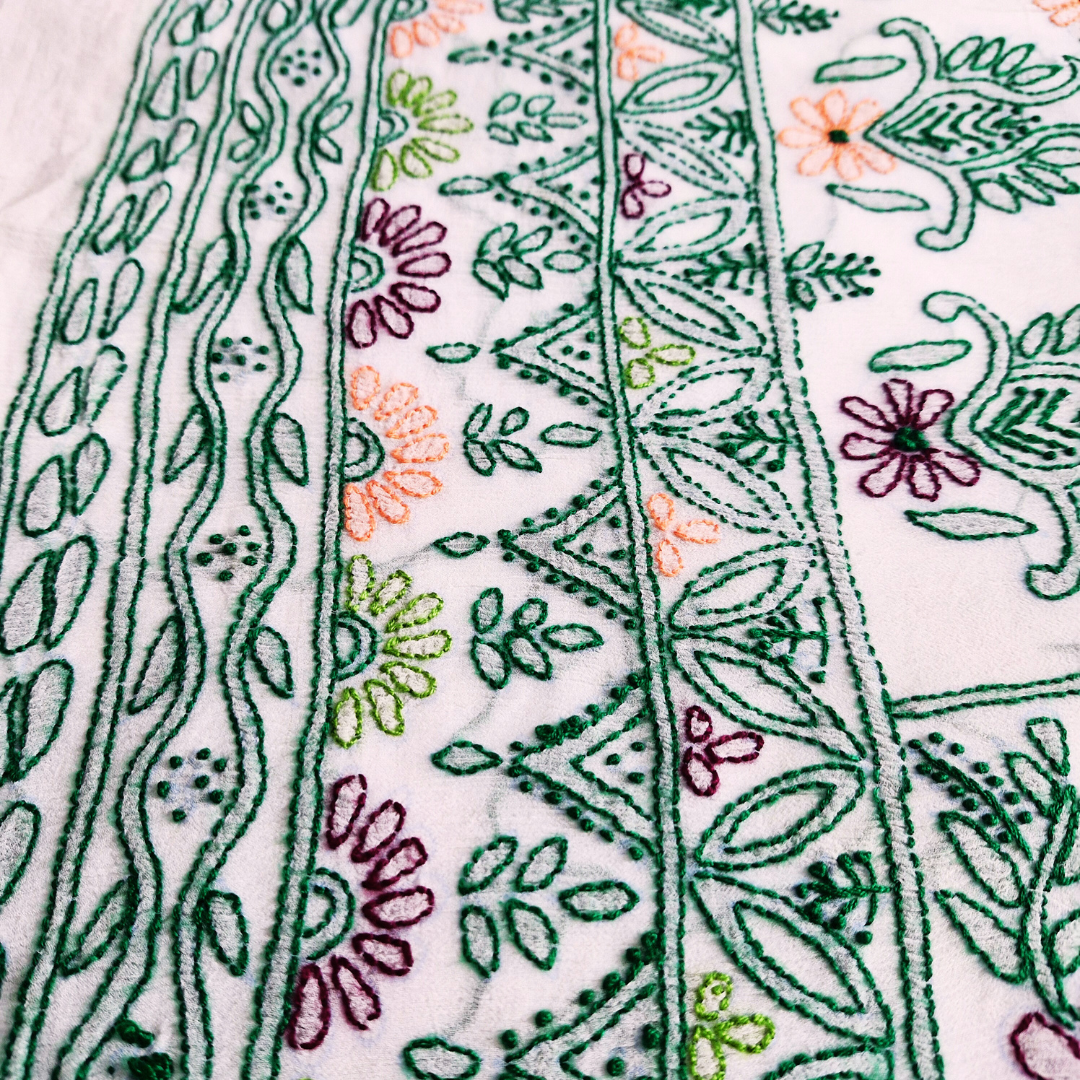 albaas | Shadow Chikankari on Soft Chiffon Shirt's Front and Sleeves with Dupatta Sprayed with Motifs - Unstitched 2PC Suit   | AKCSSD-36550-G-GREEN-O-WHITE